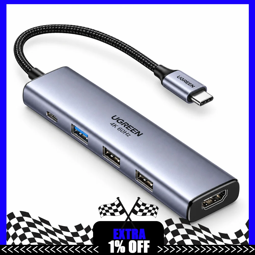 UGREEN 35178 5-in-1 USB-C Hub, 4K 60Hz HDMI, 3 USB-A Data Ports (USB 3.0 + 2 USB 2.0), 100W PD Input
