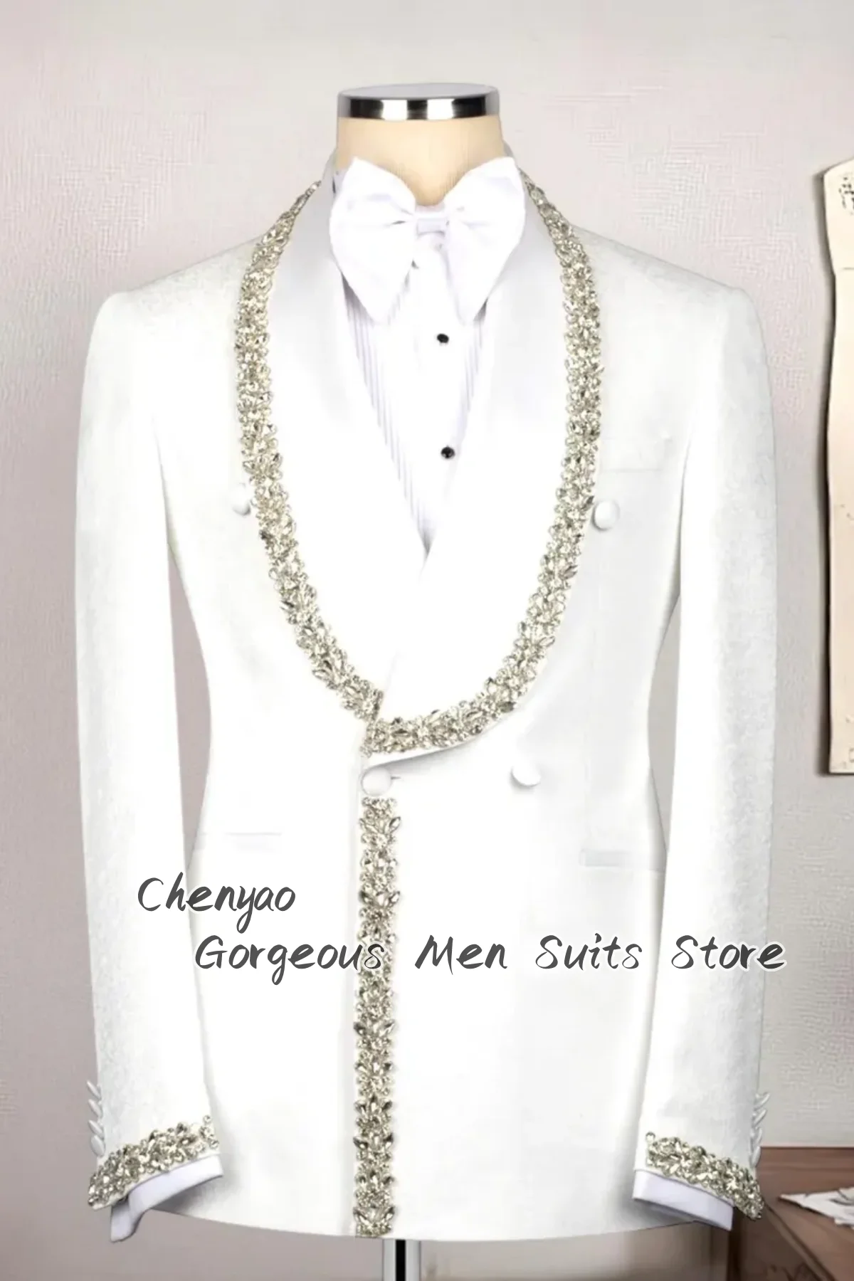

Classic Double Breasted Rhinestone Embroidered Men Suits 2 Pieces Sets Groom Wedding Party Male Blazer SlimRpantalones hombre