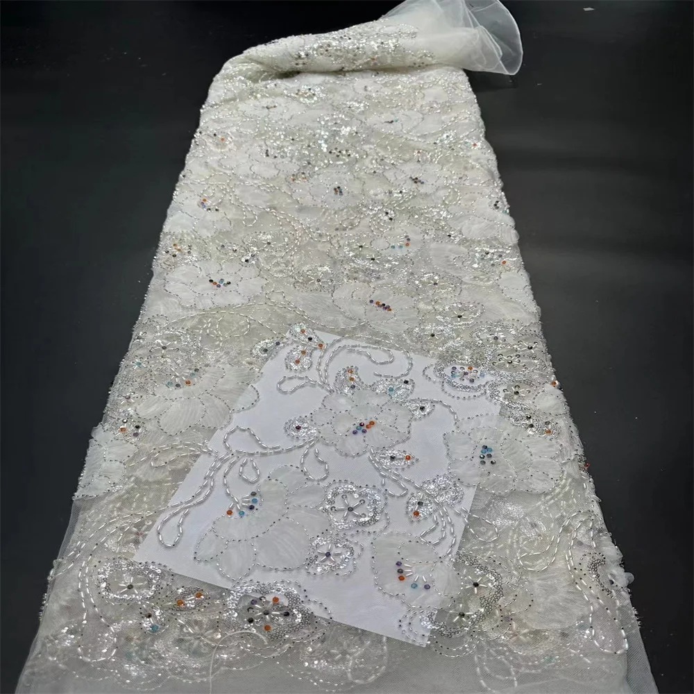 

2025 5 Yards African French Lace Fabric High Quality African Sequins Beads Net Lace Embroidery Evening Dresses For Wedding Dress
