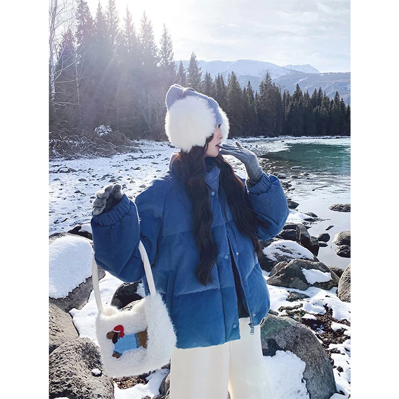 MEXZT Parka corta de pana para mujer, chaqueta acolchada con soporte a la moda, ropa de calle, abrigos coreanos de plumas, prendas de vestir exteriores acolchadas de algodón con cremallera para invierno