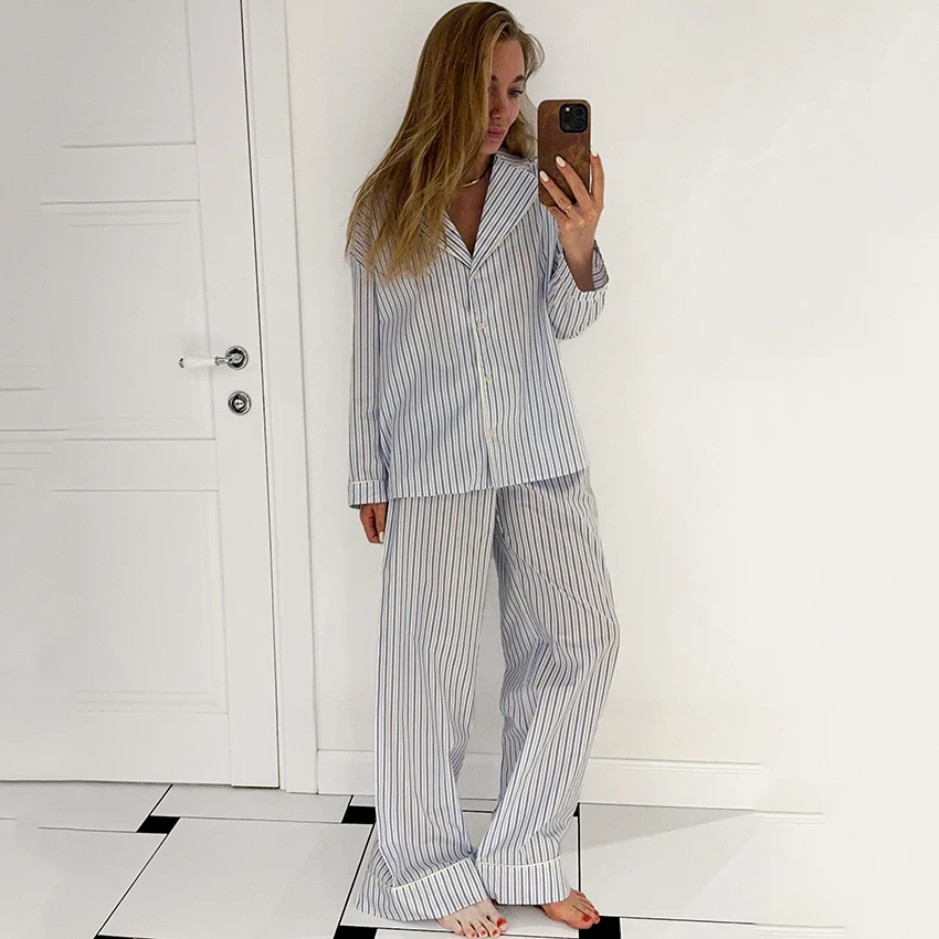

HiLoc Home Stripe Pajamas 2 Piece Suits 2025 Casual Single Breasted Blouse With Wide Leg Pants Outfits Loose Sleepwear Women