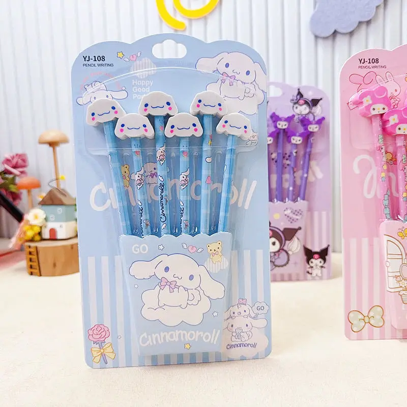 6 sztuk/zestaw Kawaii Cinnamoroll HB ołówek Cartoon Sanrio Kuromi moja melodia pisanie artykułów papierniczych w kształcie gumki artykuły papiernicze dla dzieci prezent