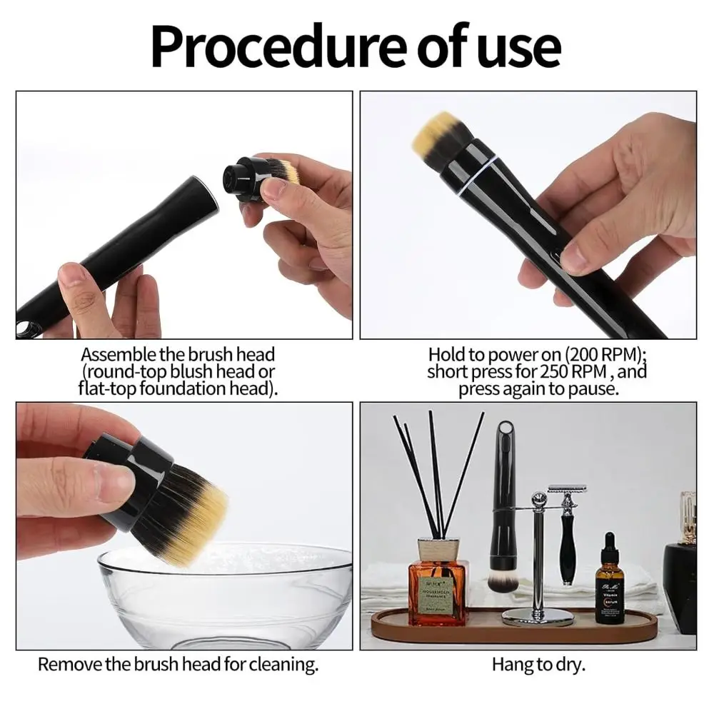 with 2 Replaceable Brush Heads Electric Makeup Brush Removable 360° Rotation Foundation Brush 2 Adjustable Speeds Soft