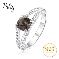 Potiy 0.8ct Natural Smoky Quartz Statement Ring Rope Band 925 Sterling Silver for Women Eegant Retro Gift For Her