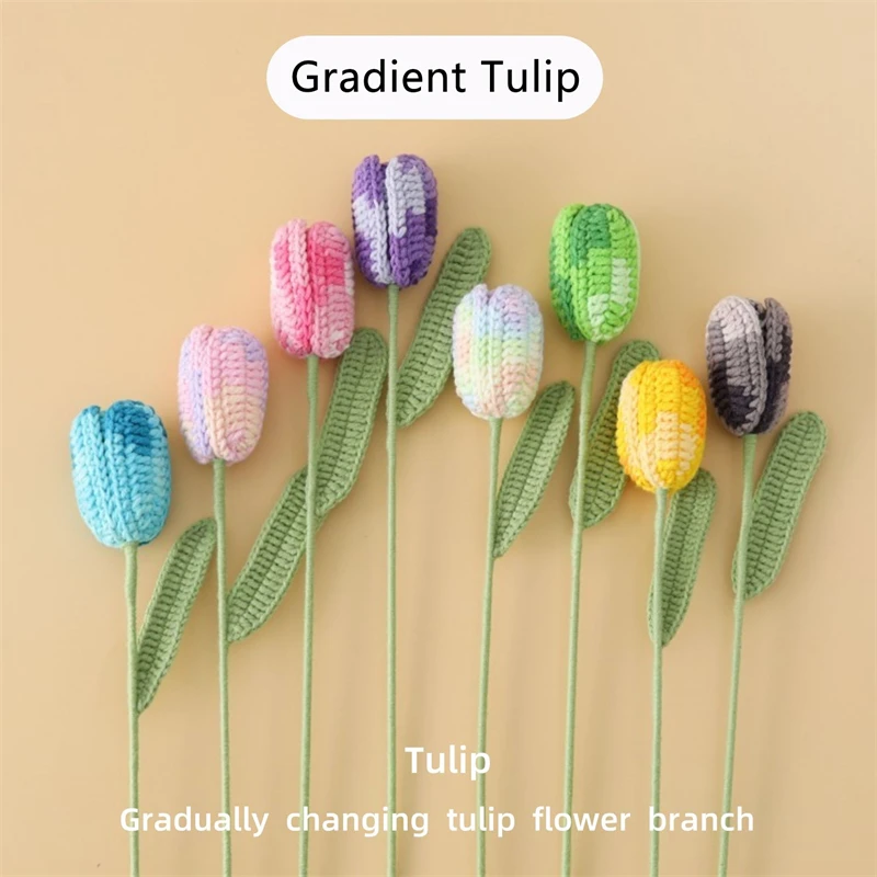 Moda Handmade Crochet Gradiente Tulipa Branch, tingido cor Desktop ornamentos, flores simuladas, 4cm x 37cm