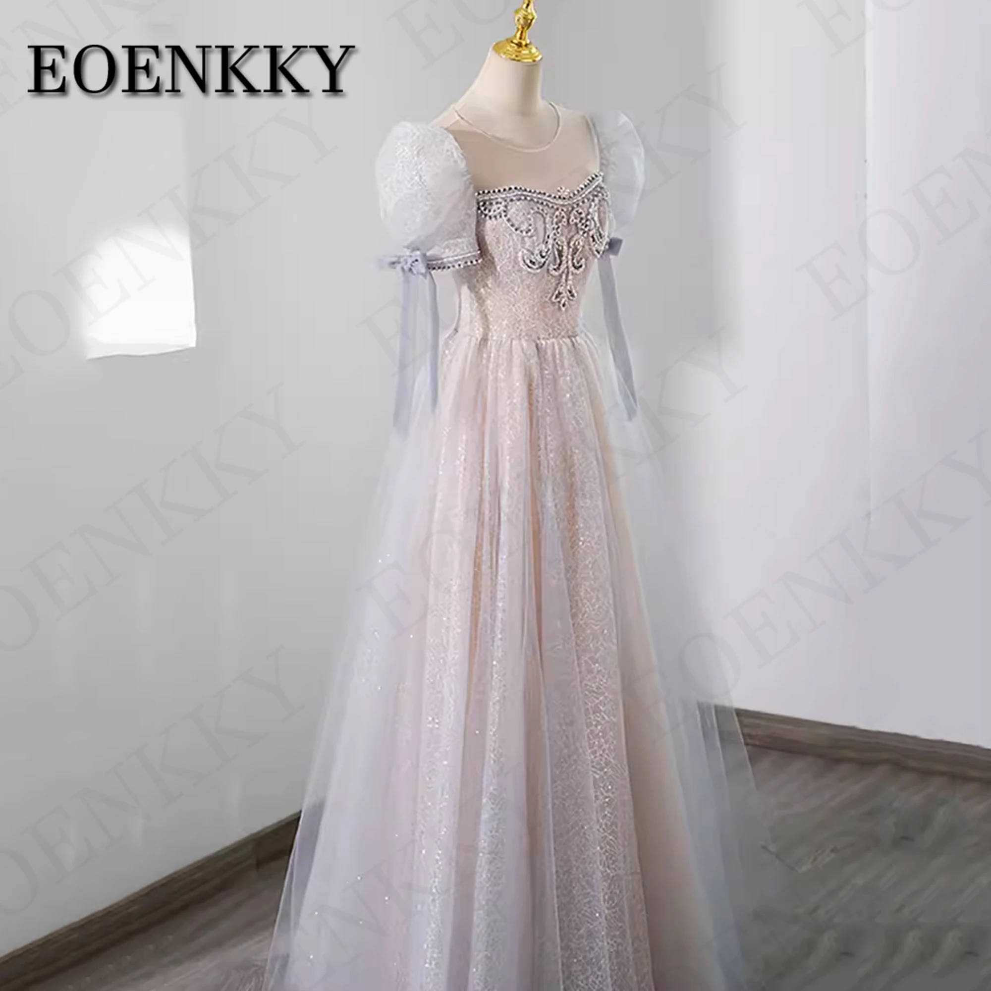 Graduação Princesa Tulle Prom Dresses 2024 Puff Sleeves Sparkly A Line Wedding Party Dress Ilusão O-Neck Mulheres Vestidos de Baile de Formatura Princess Tulle 2024  Vestido de festa de casamento com mangas bufantes e