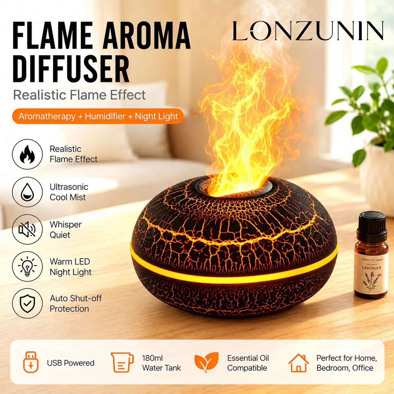 USB Flame Humidifier Essential Oil Diffiduser Realistic Fire Mist Aroma Diffuser LED Night Lamp Air Humidifier for Office