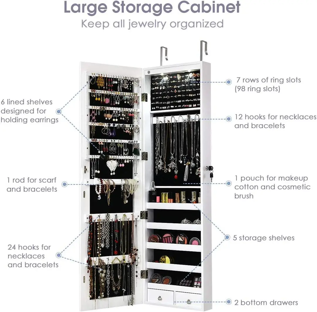 خزانة مجوهرات بباب حائطي مع مرآة كاملة الطول، منظم مجوهرات كبير قابل للقفل بمصابيح LED مع 47.5 بوصة