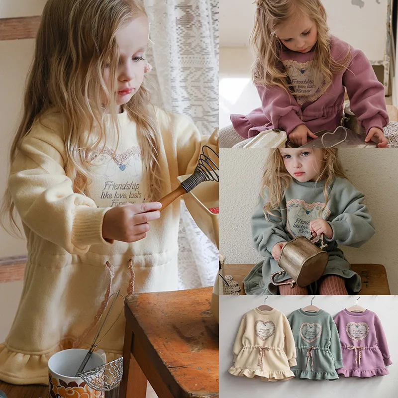2025 Winter Comfortable and Casual Korean Children and Girls Fashionable Lace Edge Letter Printing Velvet Sweatshirt Dress