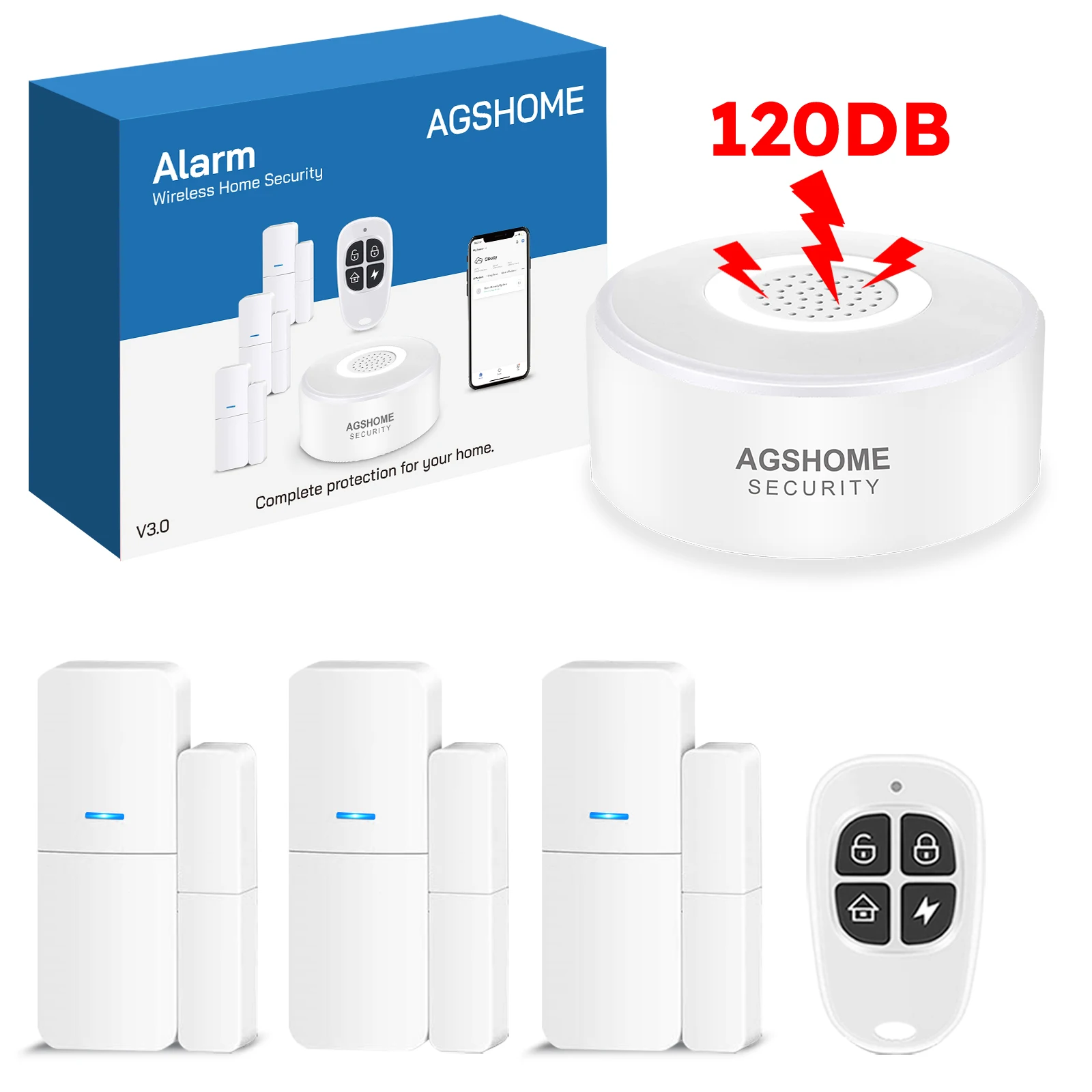 

AGSHOME-Tuya WiFi Door Smart Home Security Alarm System, 120DB Siren Hub, App Remote Control, Alexa Google, Burglar Security