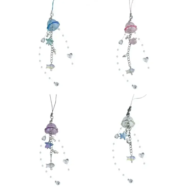 Elegant Jellyfish Inspired Phone Charm Portable Keychain with Crystal Star and Pearls Accents for Phone Accessorizing