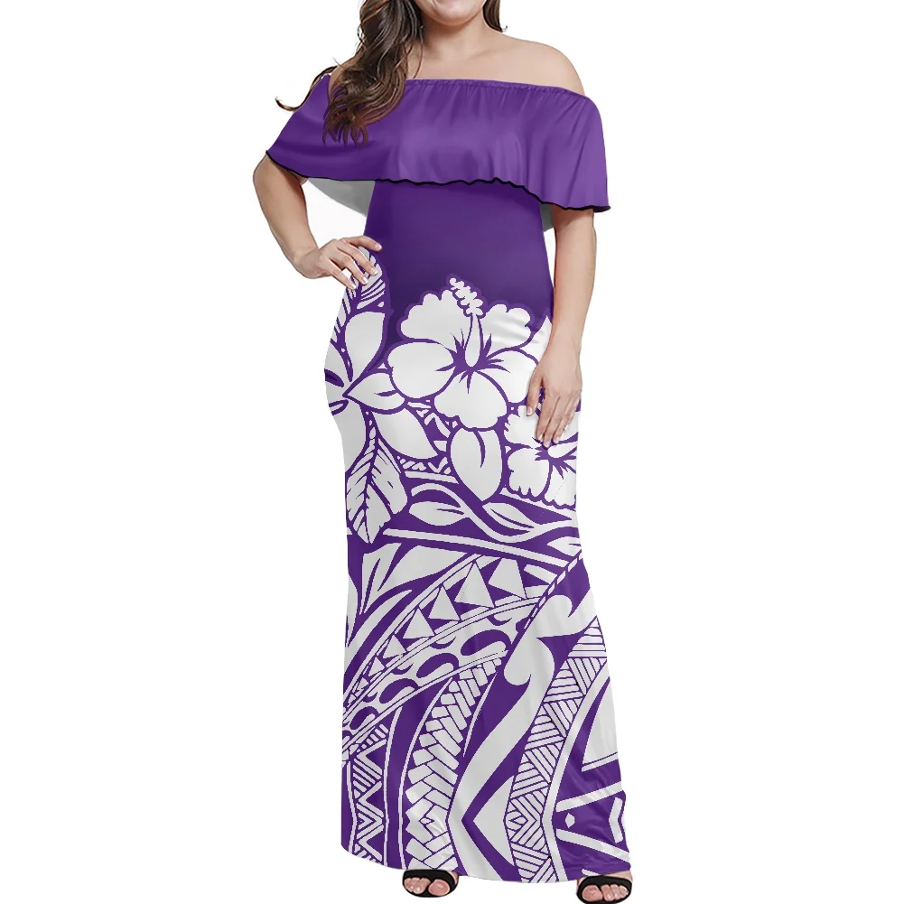 

Purple Elegant Clothing Summer Polynesian Hibiscus Print Large Size Women's Dress 2022 Ethnic Style Frill Off Shoulder Dresses