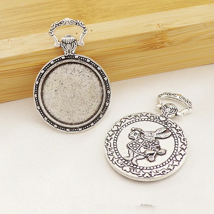 

5pcs Antique Silver/Antique Bronze Vintage Rabbit Pocket Watch Base Setting Pendant Charm/Finding,25mm Cabochon/Cameo Tray Bezel