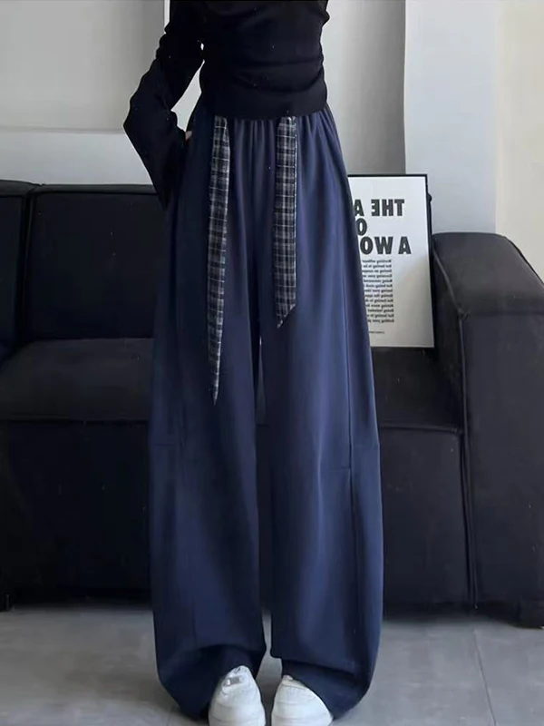 

plus Size 300 Pounds Plaid Belted High Waist Wide Leg Casual Pants Men Women Autumn Winter Slimming Versatile Comfortable Tro...