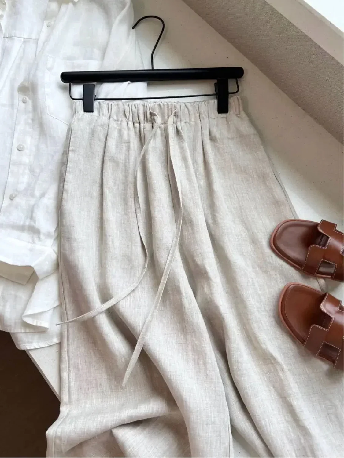 Cotton Linen Straight Long Pants for Women Elastic High Waist Wide Leg Loose Sagging Trousers Female 2024