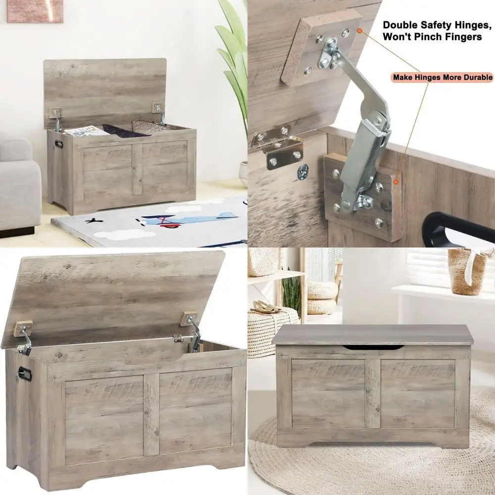 

Серая деревянная скамейка для хранения вещей с подъемной столешницей и защитными петлями, большой комод для игрушек для прихожей, гостиной и спальни