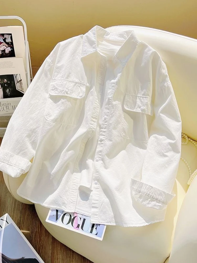 

Solid 100% Cotton Long Sleeve Cardigan Shirts Double Pocket Turn-down Collar Single Breasted Shirt Casual Women Loose Autumn Y2K