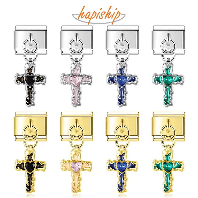 Hapiship 2025 New Wholesale Cross Shiny CZItalian Charm Fit 9mm Bracelet Stainless Steel Drop Shipping Women Jewelry DJ1451