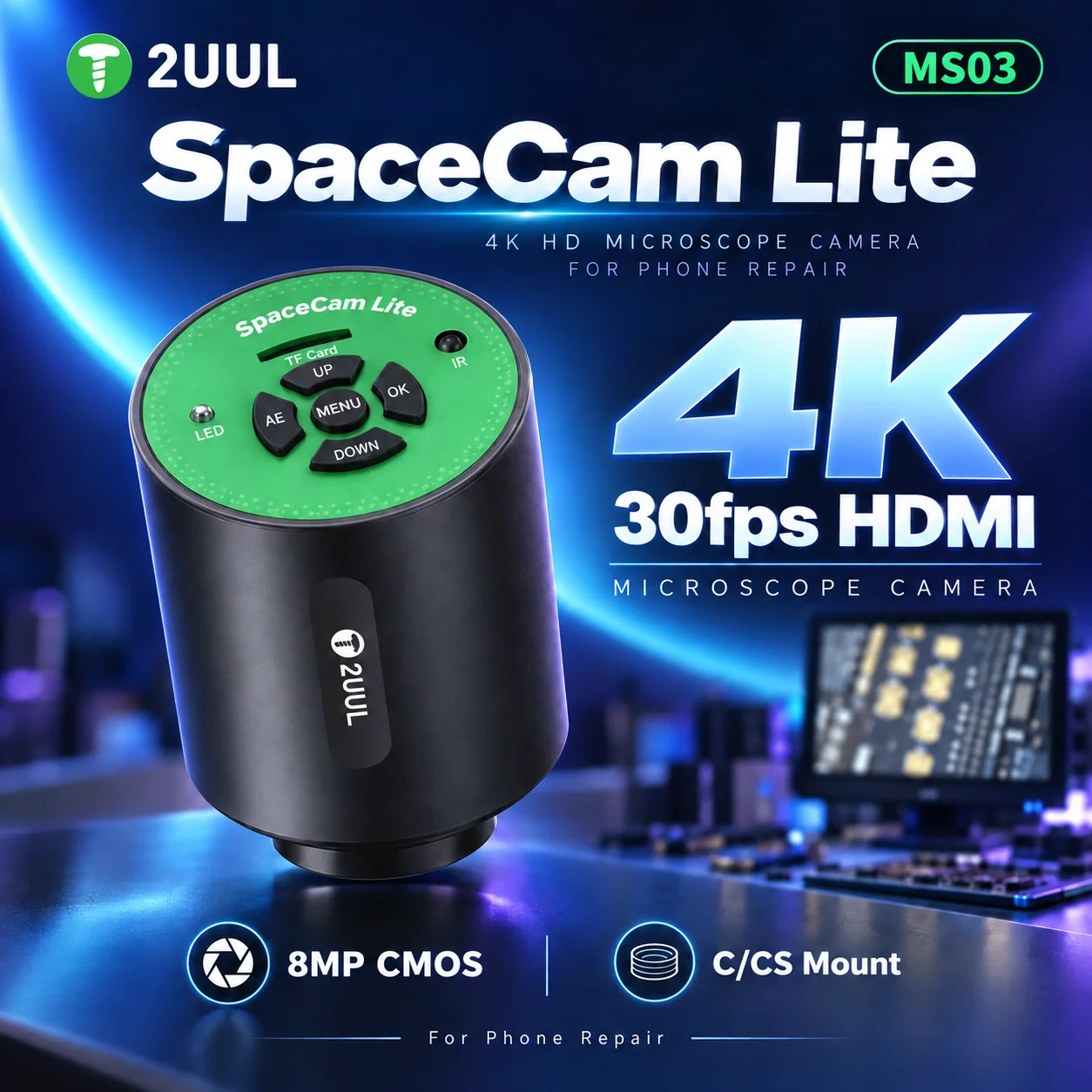 2UUL MS03 SpaceCam Lite 4K Microscope Camera with C/CS Mount 30fps HDMI Output for Phone Repair and Electronics Inspection