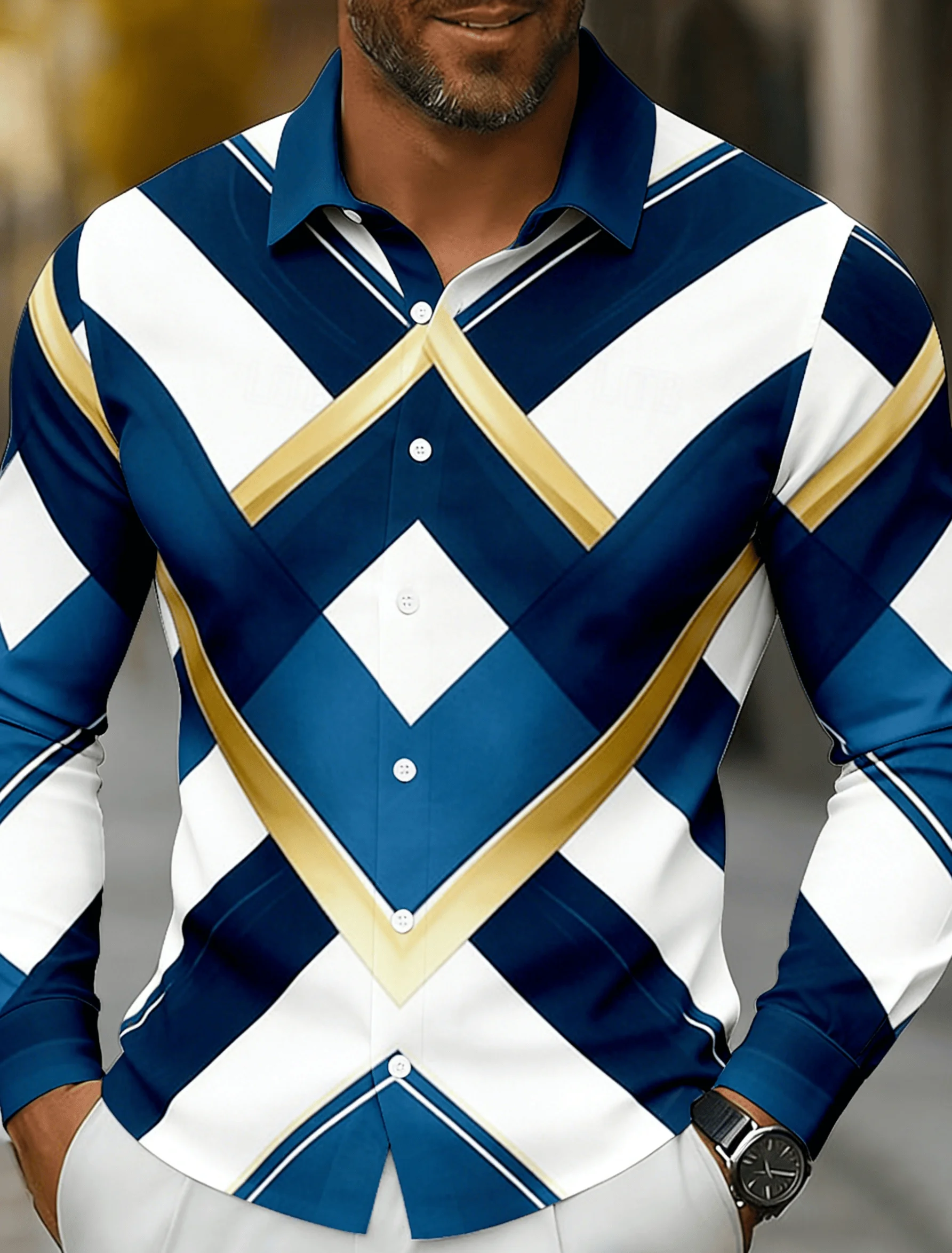 

Men's Blue White Gold Gradient Shirt Spring Summer Geometric Wave Turn-Down Collar Casual Blouse
