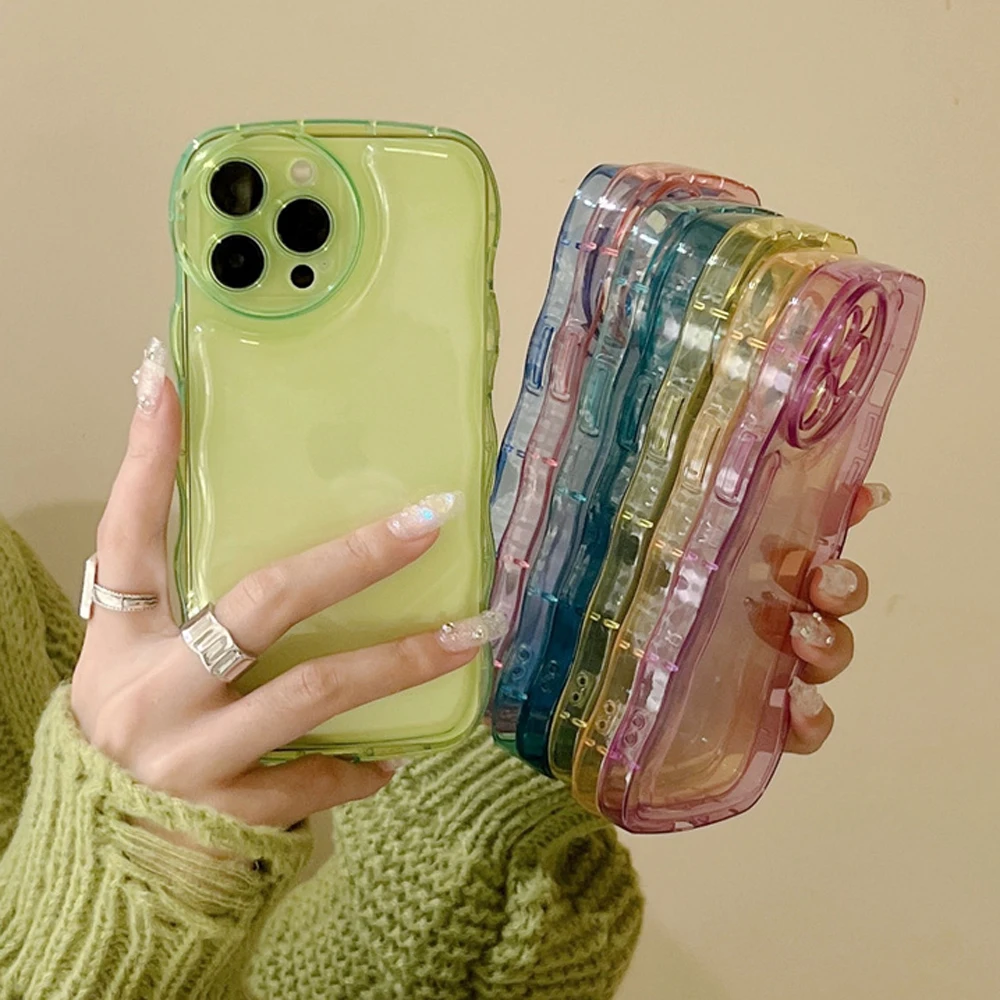 Candy Color Curly Wavy Soft Phone Case For iPhone 15 14 13 12 11 Pro Max X XR XS Max 7 8 Plus Lens Camera Protection Clear Cover