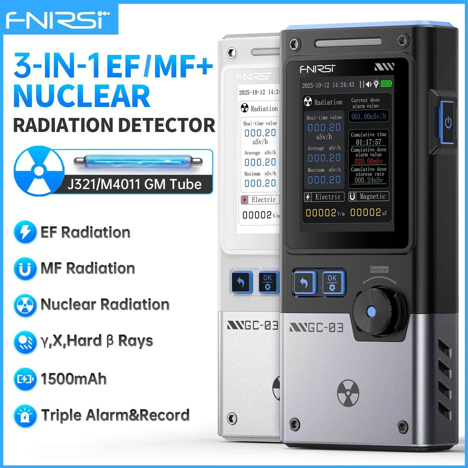 FNIRSI GC-03  3-IN-1 Electromagnetic Radiation Detector, Electric & Magnetic Field Strength, RF Power, Temperature Monitor