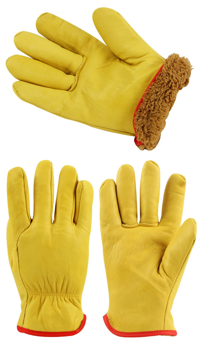 Guantes de trabajo de invierno de cuero térmico para motocicleta, forro de algodón para clima frío, guante de trabajo para congelador, talla única