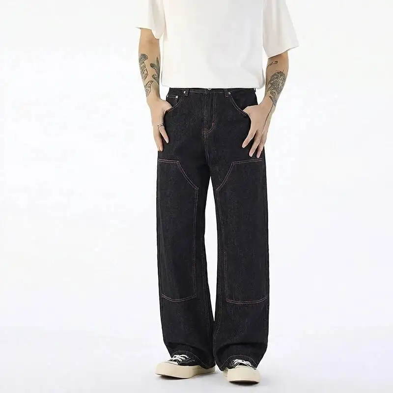 Men's Jeans Edgy Contrast Stitch Large Patch Pocket Black Wash Wide Leg Fit Streetwear Letter Printting Denim Pants D3BC