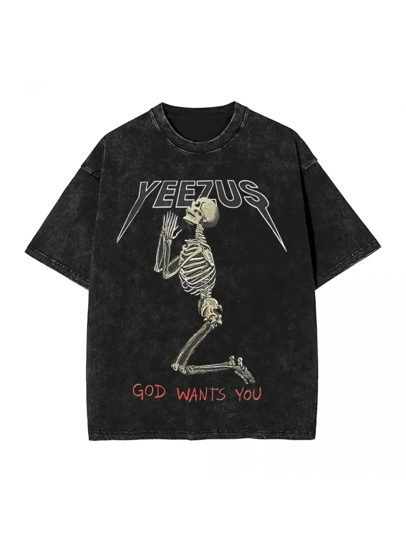 T-shirt Yeezus Kanyyee délavé, grande taille, style streetwear avec motif « God Wants You », rétro hip-hop, manches courtes, col rond, pour hommes et femmes