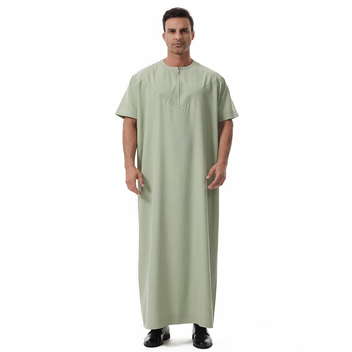 Men Jubba Thobe Eid Muslim Man Dress Long Robe Zipper Short Sleeve Ramadan Saudi Abaya Caftan Dubai Arabic Daffah Dishdasha Gown