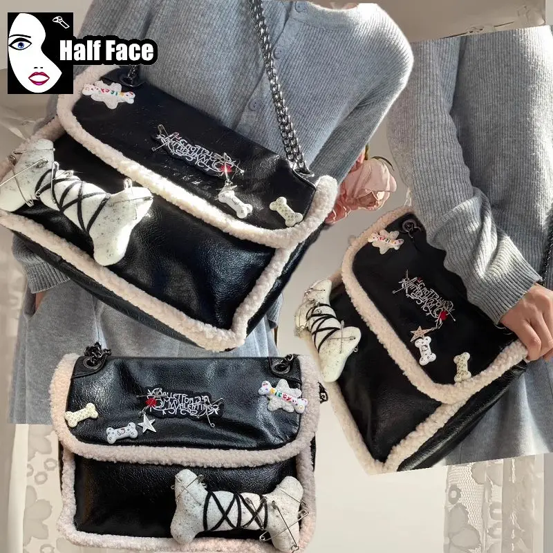 Y2K Girl Harajuku Gothic Women‘s Punk One Shoulder Lolita Winter Lamb Edge Large Capacity Chain Versatile Crossbody Bags Tote