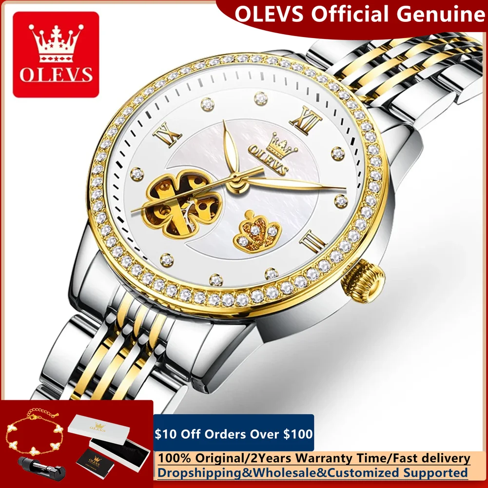 

OLEVS 6706 Лучшие автоматические часы для женщин с полым цветком и бриллиантовым циферблатом, элегантные роскошные механические наручные часы, оригинальные женские часы