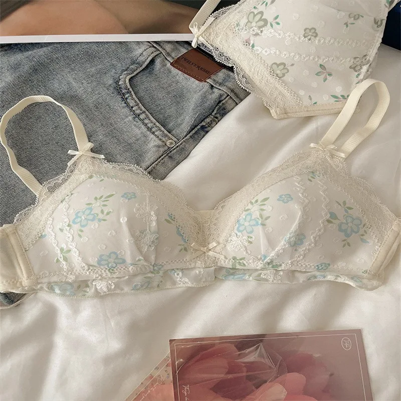 Seni piccoli da donna intimi floreali francesi raccolti senza anelli in acciaio, stile estivo sottile, reggiseno dolce in pizzo puro e lussureggiante