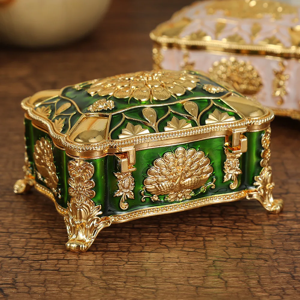 Vintage Metal Jewelry Box with Peacock Pattern Trinket Organizer Box Rectangular Keepsake Storage Box for Ring Earrings Necklace