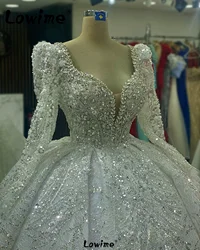 2024 Arabic Aso Ebi Luxurious Lace Wedding Dress Long Sleeve Muslim Beaded Crystals Wedding Bridal Dresses Ball Gown Custom Made