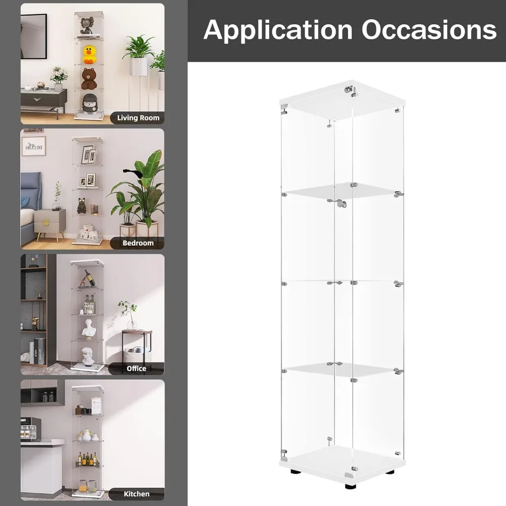 Glass Display Cabinet 4-Shelf With Door and Lock Cabinets for Living Room Furniture Living Room 64”x 17”x 14” White Showcase