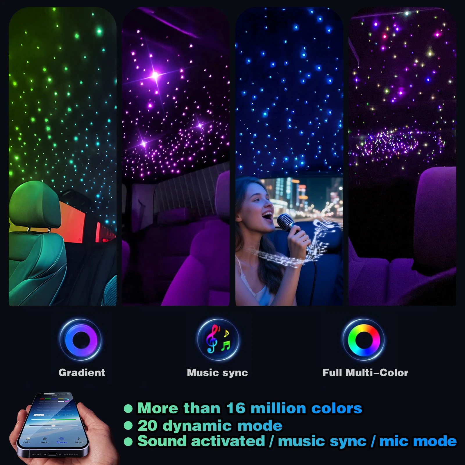 Starlight Headliner Kit, 16W Star Headliner Kit Music/Voice Activated Star Lights for Car, Home | Bluetooth + Remote Control