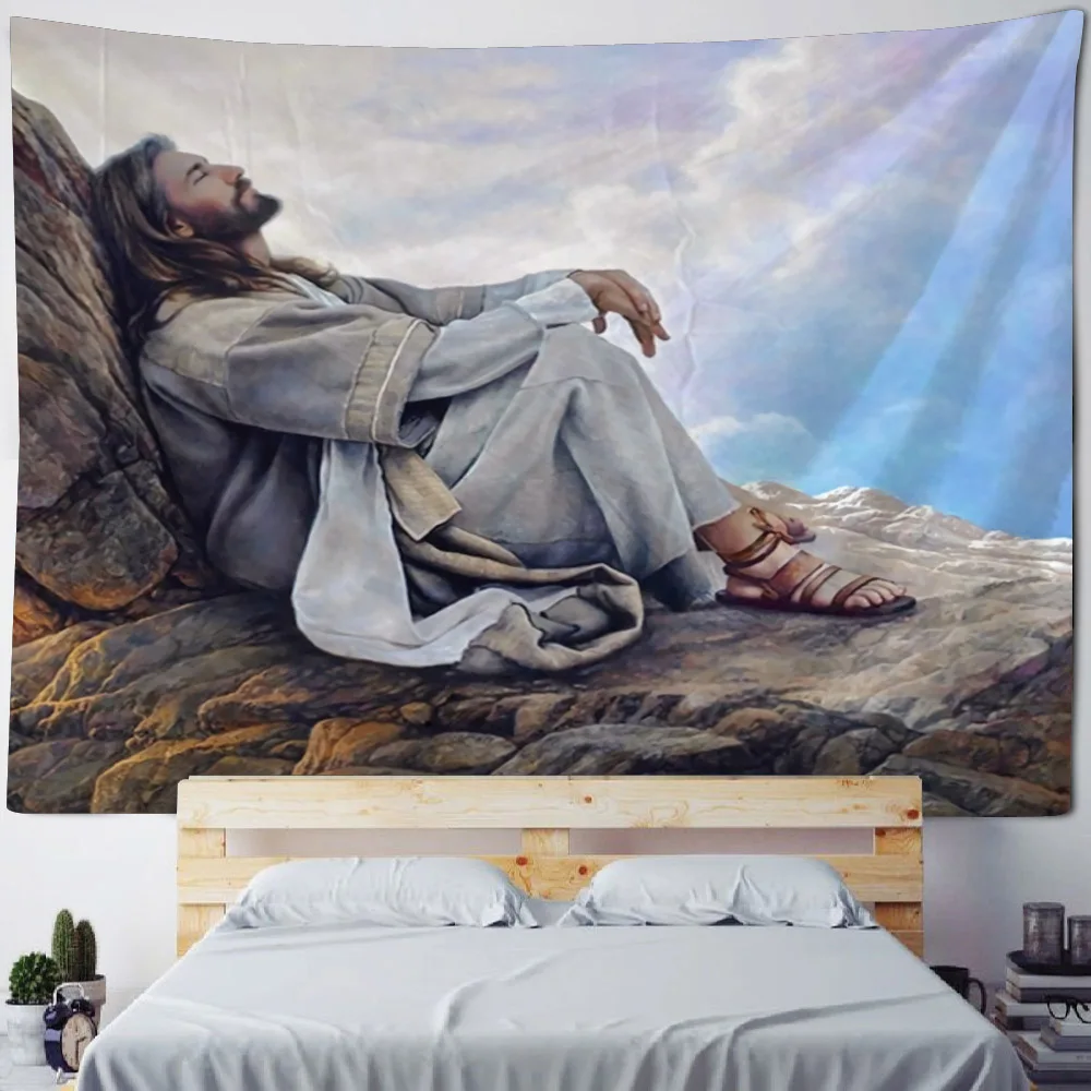 Jesus illustration art tapestry wall hanging mysterious wall decoration blanket psychedelic hippie aesthetic room decoration