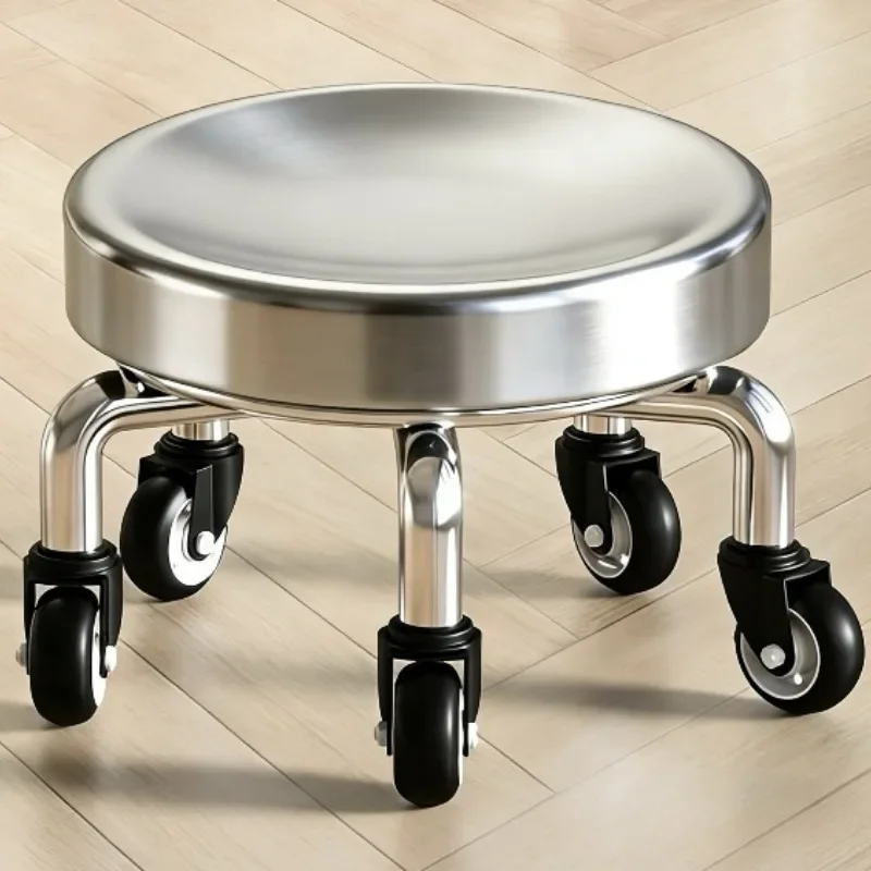360° Swivel Caster Low Stool, Thick Stainless Steel Rolling Seat,Home Moving Utility Round Stool, Durable Wheeled Workshop Stool