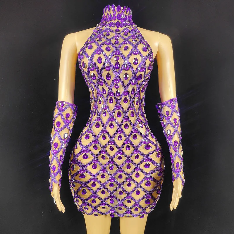 زي عيد الميلاد زي أداء الماس زي الماس اللامع فستان سهرة قفازات الماس الساخن Vestidos Para Mujer Fiesta Elegante