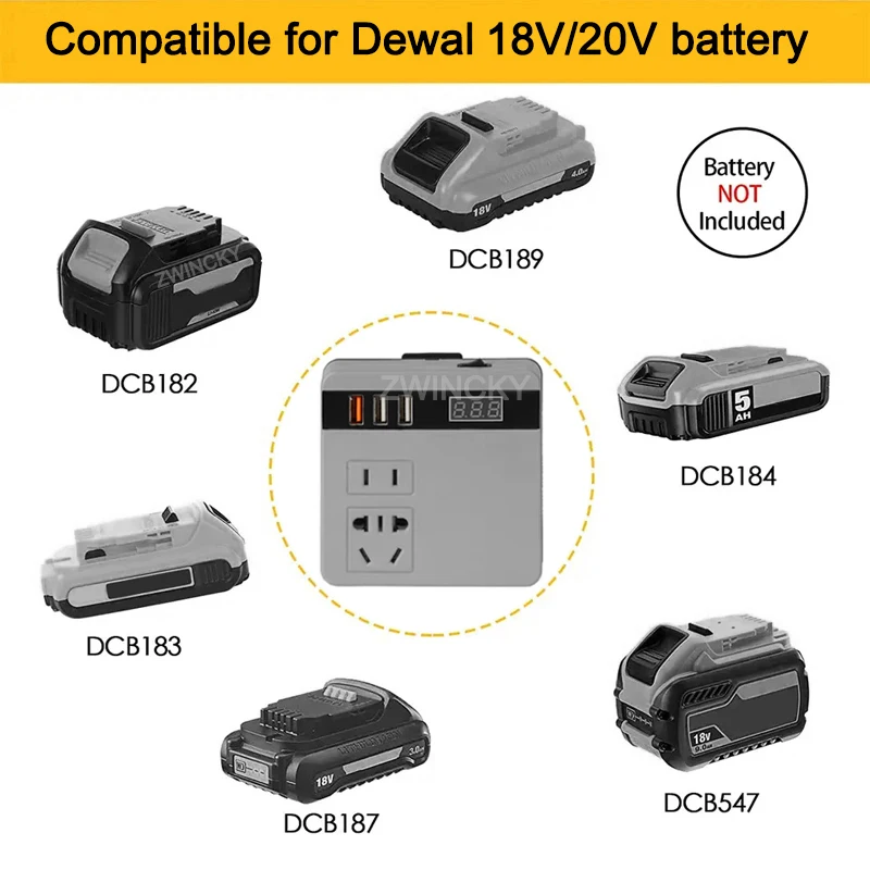 220V Multifunction Intelligent Lithium Battery Inverter Outdoor Work Inverter for DeWal 18V 20V Battery with Voltage Display