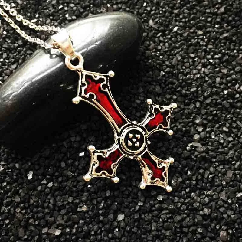 Red Bloody Inverted Cross Pendant Necklace Vintage Gothic Cross Pendant Necklace Devil Lucifer Satan Satanic Jewelry