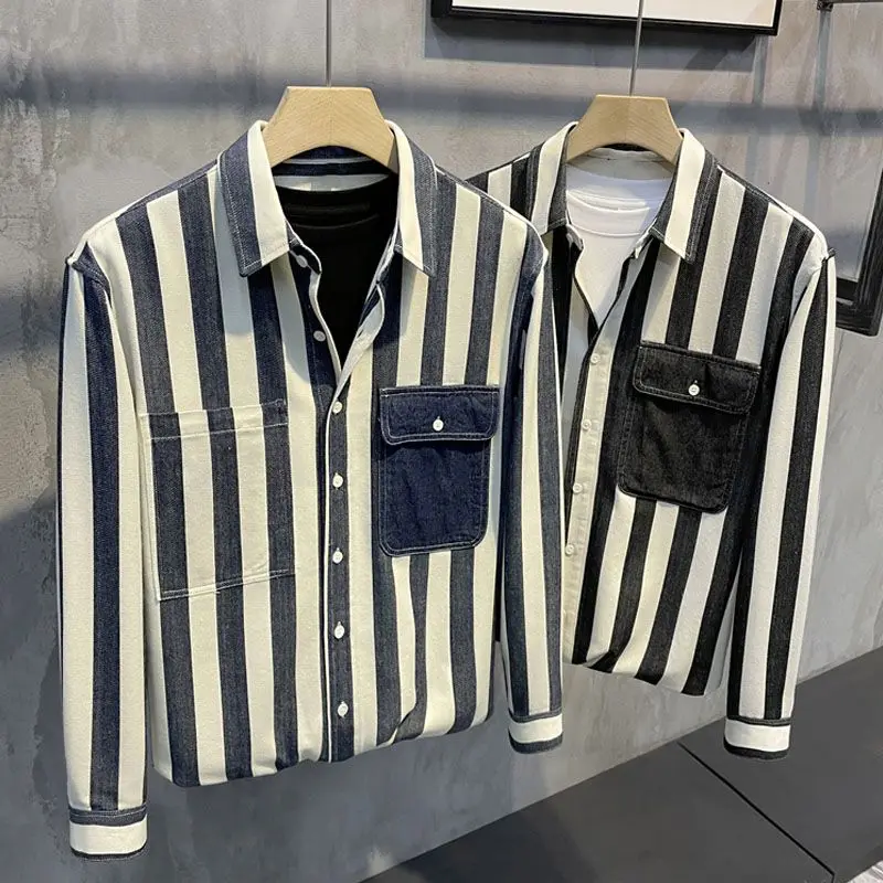 

2024 Men's Casual Printed Stripe Top Blouses Long Sleeve Daily Office Shirts Fashion Male Spring and Summer Chic Clothing N293