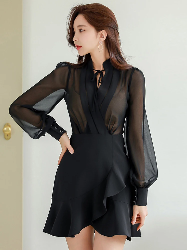 New Arrival Chiffon Perspective Mini Mermaid Dress Temperamental Black High Quality Work Style Cute Sexy Trumpet Dress