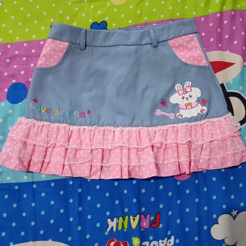 Harajuku Y2k Lolita Style Denim Skirts Women Pink Lace Polka Dot Ruffles Pleated Short Skirts Japan Sweet Party Mini Cake Skirt