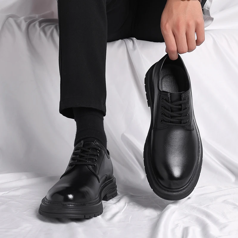 Sapatos casuais de couro real para homens, com renda, dedo do pé redondo, tênis masculino de lazer, sapatos de vestido macios, feitos à mão, escritório, negócios, formal