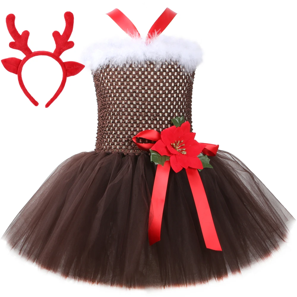 Christmas Deer Costume for Girls Brown Tutu Dress with Antlers Headband Set Flowers Feathers Kids Xmas Party Reindeer Dress Up