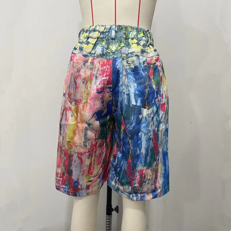 ファッション夏の女性のポケット落書きショーツホットカジュアルポリエステルショーツミッドウエストショートストリートショートパンツ