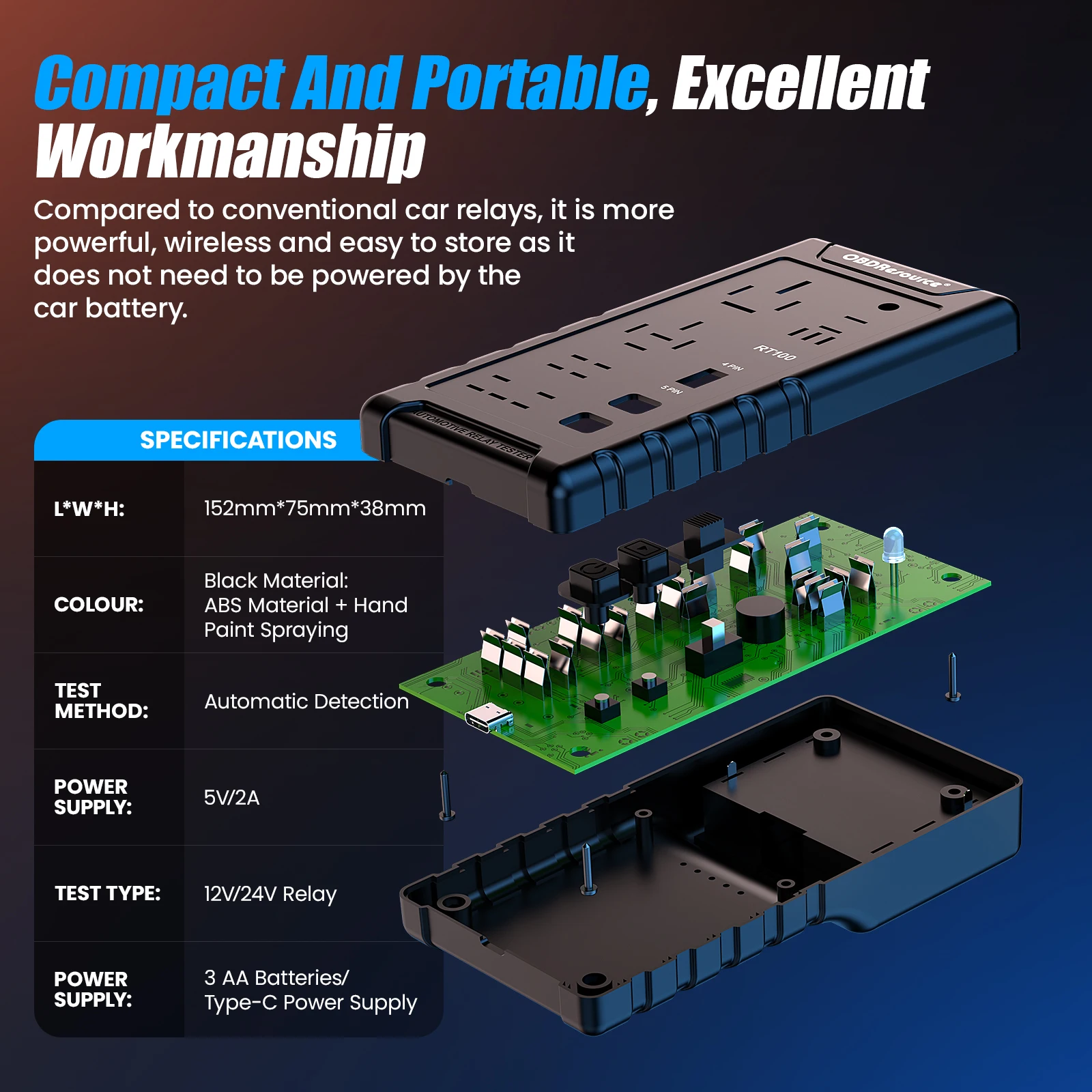 Automotive Relay Tester RT100 Compact Cordless Super 4Pin and 5Pin Relay Tester for 12 &24V Recognition Automatic Relay Tester