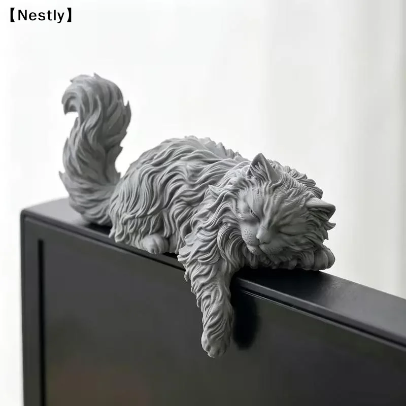 Long Hair Sleeping Cat Figurine 3D Printed Mini Pet Computer Monitor Hanging Decor Desk Ornament For Home Office Decor 〔Nest〕 view 5